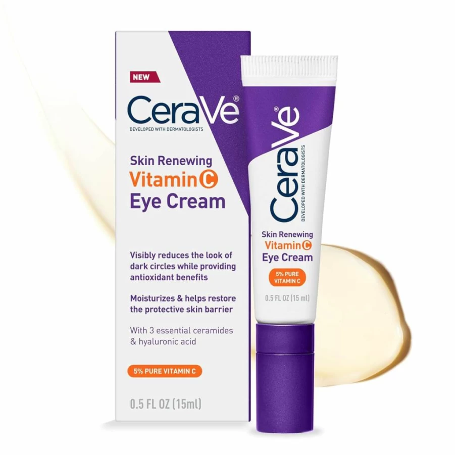 CeraVe Vitamin C Eye Cream with Hyaluronic Acid, Ceramides & Caffeine for Dark Circles & Puffiness – Fragrance Free, Ophthalmologist Tested, 0.5 Oz